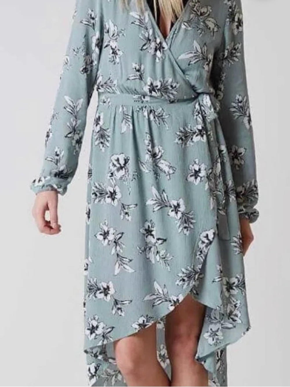 Daytrip Mint Sage Floral Wrap High-Low Dress